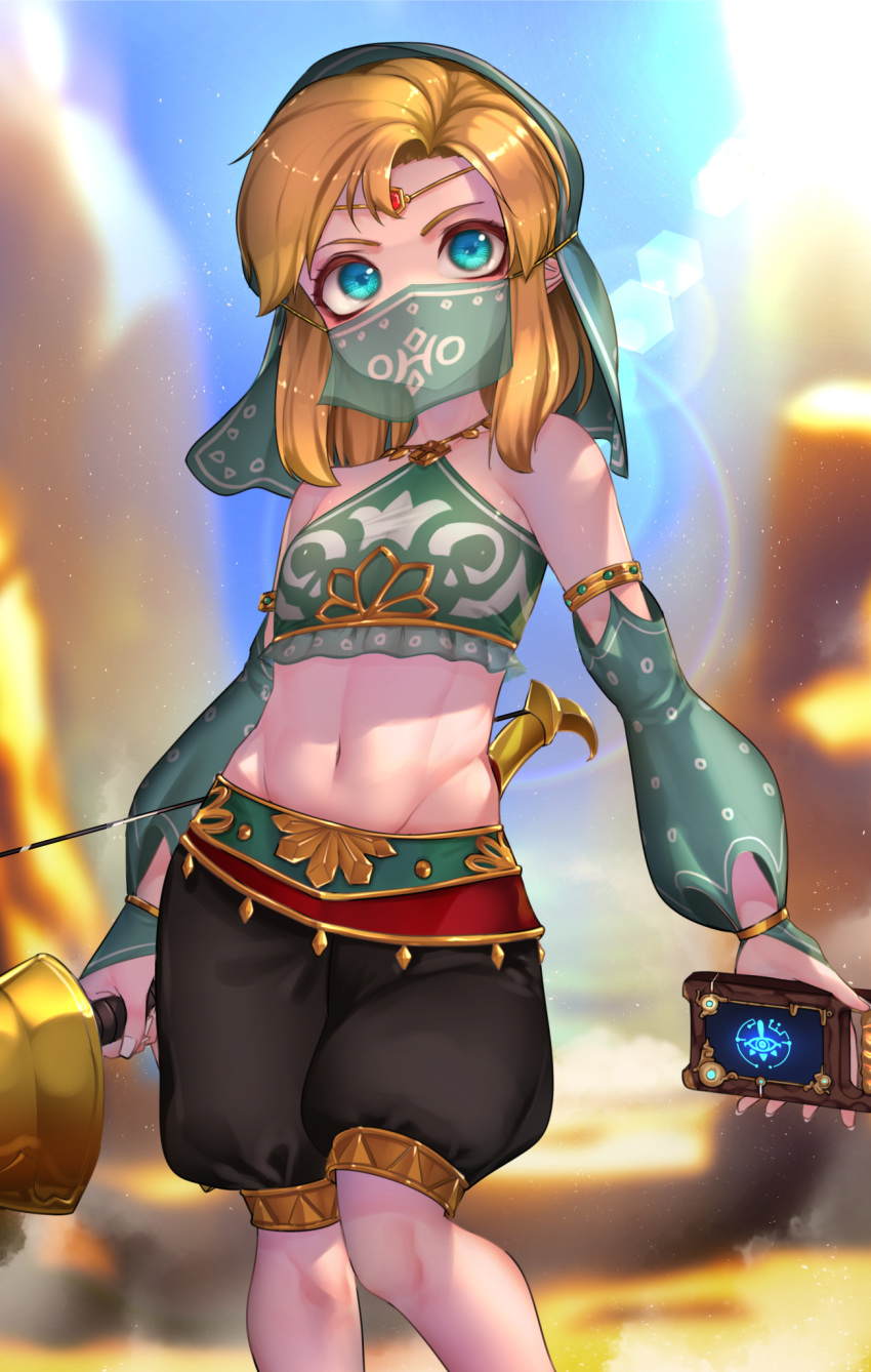 1boy :o alternate_costume arabian_clothes armlet bandeau bare_shoulders black_pants blonde_hair blue_eyes blue_sky blurry blurry_background bridal_gauntlets circlet commentary_request crossdressing day detached_sleeves gerudo_link groin halter_top halterneck harem_pants highres holding holding_weapon jewelry kashu_(hizake) lens_flare link looking_at_viewer male_focus medium_hair midriff navel otoko_no_ko outdoors pants pointy_ears see-through sheikah_slate shiny shiny_hair sidelocks sky solo standing stomach sunlight the_legend_of_zelda the_legend_of_zelda:_breath_of_the_wild veil weapon