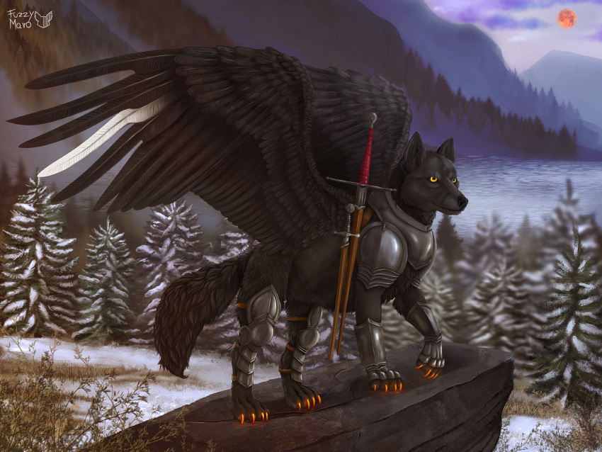 4:3 armor black_fur canid canine canis digital_media_(artwork) feathers feral forest fur fuzzymaro mammal melee_weapon moon mountain outside pose standing sword tree warrior weapon wings wolf yellow_eyes