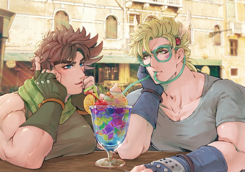 2boys bangle battle_tendency blonde_hair blue_eyes bracelet breast_rest breasts brown_hair caesar_anthonio_zeppeli cherry chin_rest crazy_straw cup drinking drinking_glass drinking_straw facial_mark feathers fingerless_gloves food fruit gelatin gloves green_eyes hair_feathers ice_cream jewelry jojo_no_kimyou_na_bouken joseph_joestar_(young) male_focus mullet multiple_boys muscle outdoors pihoshii scarf shirt short_sleeves side-by-side sleeveless sleeveless_shirt table thick_eyebrows upper_body