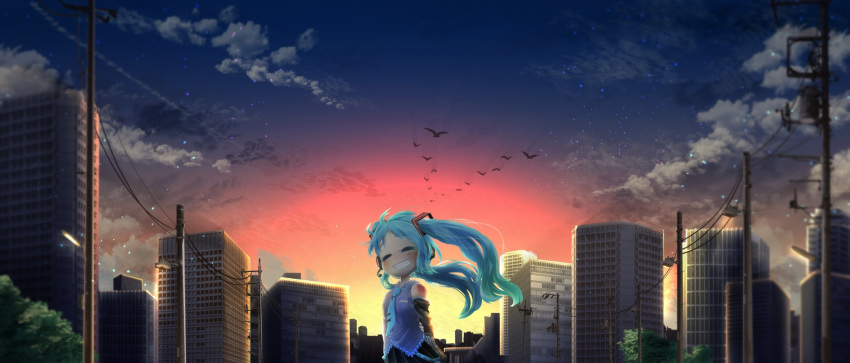 1girl aqua_hair bird building cable chamaji closed_eyes cloud commentary_request detached_sleeves flock gradient_hair hair_ornament hatsune_miku headphones headset highres lamppost long_hair multicolored_hair necktie outdoors skirt sky skyline sleeveless smile solo star_(sky) starry_sky sunset tattoo telephone_pole tree twilight twintails vocaloid