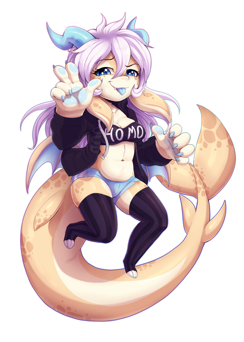 2019 absurd_res alpha_channel anthro blep blue_eyes breasts cetacean chibi claws cleavage clothed clothing delphinoid digital_media_(artwork) dragon evomanaphy eyelashes fangs female gesture hair hi_res hybrid legwear long_hair looking_at_viewer mammal marine membranous_wings midriff nami_(teranen) navel oceanic_dolphin orca signature simple_background smile solo tongue tongue_out toothed_whale transparent_background v_sign white_hair wings