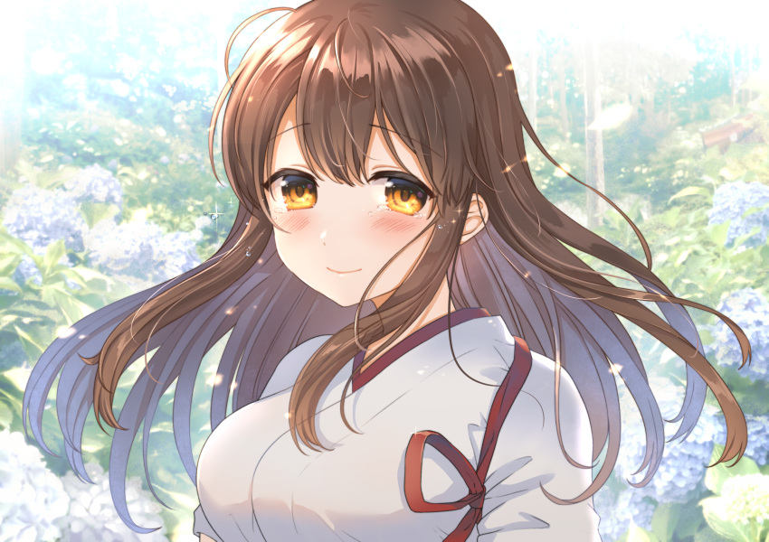 ahoge akagi_(kantai_collection) brown_hair commentary_request fukuroumori highres japanese_clothes kantai_collection long_hair looking_at_viewer nontraditional_miko photo_background portrait tasuki tears upper_body yellow_eyes