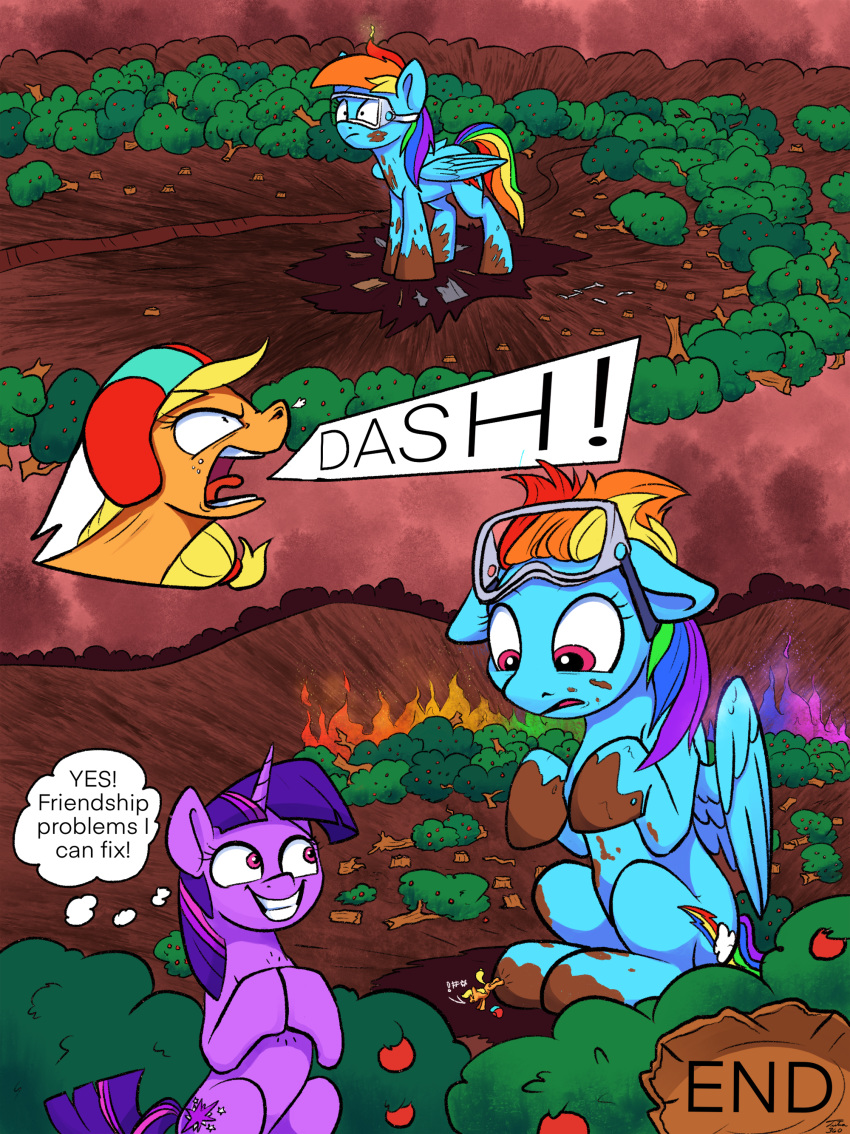 2019 absurd_res applejack_(mlp) comic dialogue earth_pony equid equine eyewear friendship_is_magic goggles hi_res horn horse macro mammal my_little_pony open_mouth pony rainbow_dash_(mlp) size_difference tsitra360 twilight_sparkle_(mlp) unicorn