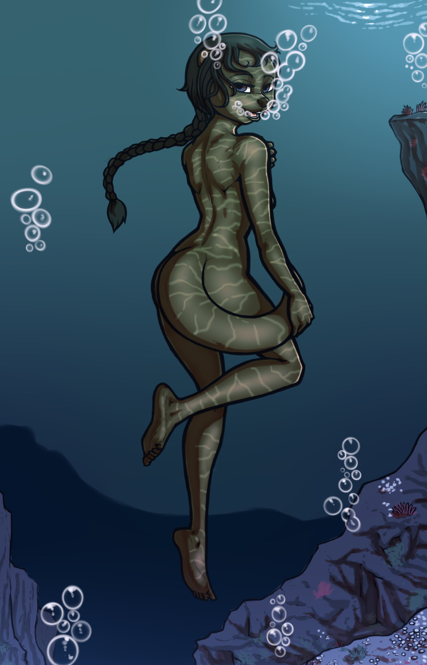 2019 5_fingers 5_toes absurd_res anthro breasts brown_fur bubble butt digital_media_(artwork) feet female float fur hi_res humanoid_feet looking_at_viewer luraiokun lutrine mammal mustelid nude soles solo toes underwater water