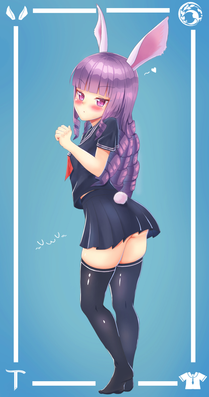 1girl absurdres animal_ears ass black_legwear black_shirt black_skirt blue_background blush bunny_ears bunny_tail curly_hair elin_(tera) from_behind full_body hand_to_own_mouth haron highres legs long_hair looking_back miniskirt no_panties no_shoes purple_eyes purple_hair school_uniform serafuku shirt simple_background skirt solo tail tera_online thighhighs thighs