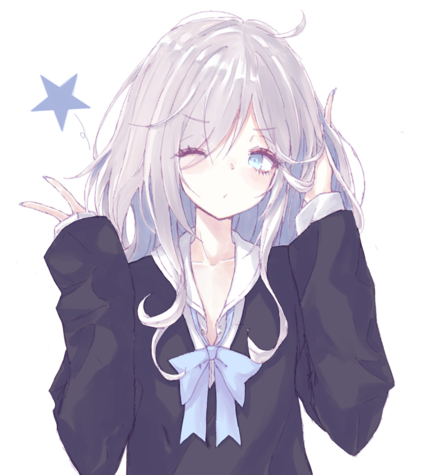 1girl bangs black_shirt blue_bow blue_eyes blush bow buran_(kure) closed_mouth collarbone collared_shirt dress_shirt eyebrows_visible_through_hair grey_hair hair_over_one_eye hand_in_hair hands_up head_tilt highres long_hair long_sleeves one_eye_closed original shirt simple_background sleeves_past_wrists solo star upper_body white_background white_shirt