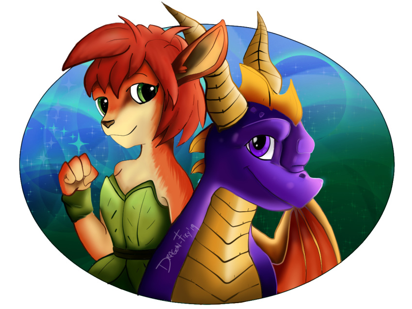 2019 anthro cervid clothing digital_media_(artwork) digital_painting_(artwork) dragon dragon-firy duo elora faun female fluffy fluffy_tail fur green_eyes hair hi_res horn male mammal scale scalie simple_background smile spyro spyro_reignited_trilogy spyro_the_dragon tuft video_games western_dragon white_fur wings