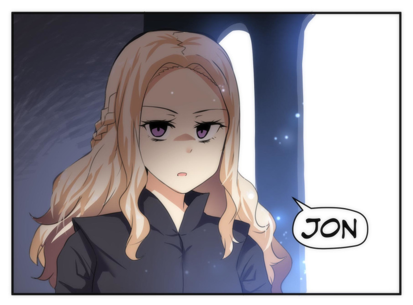 1girl angry black_dress blonde_hair castle daenerys_targaryen dress english_text game_of_thrones highres hinghoi purple_eyes solo speech_bubble yandere