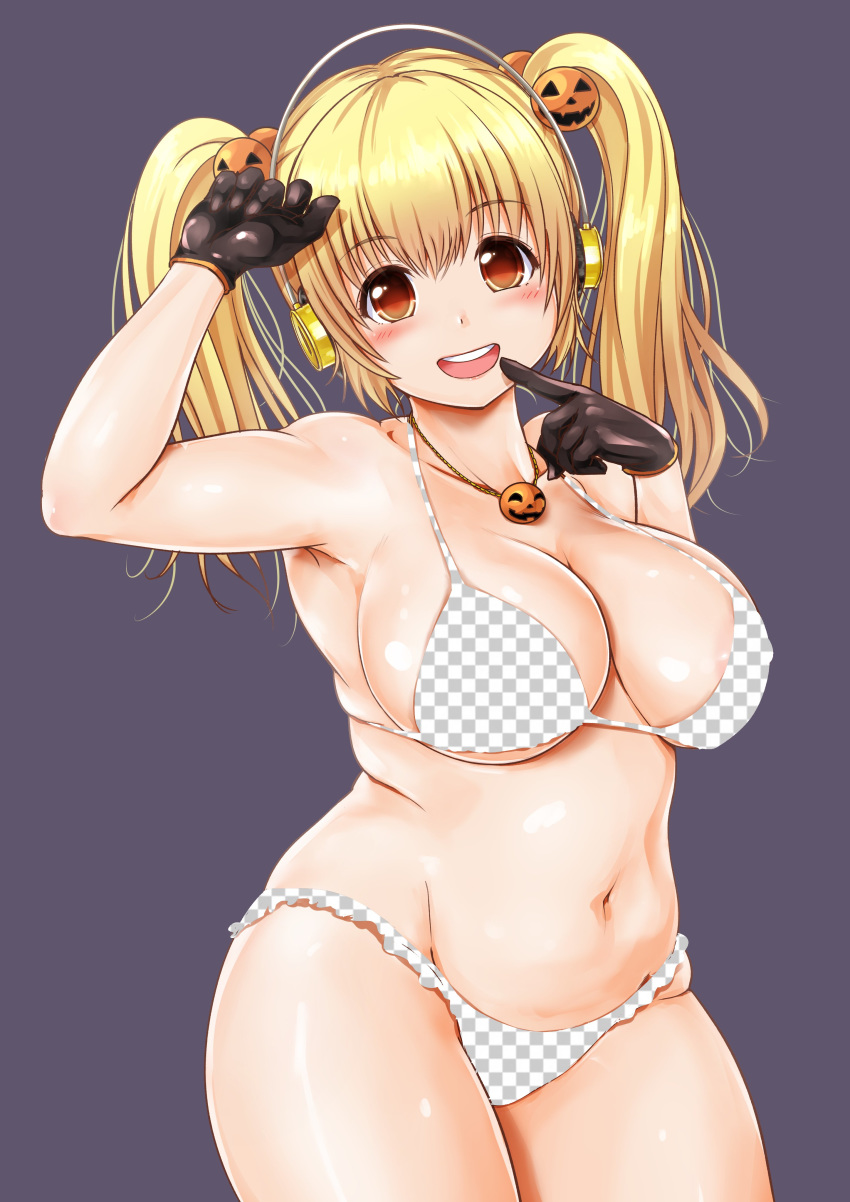 1girl absurdres areola_slip areolae arm_up belly bikini black_gloves blonde_hair breasts cleavage commentary_request covered_nipples cowboy_shot fake_transparency finger_to_mouth food_themed_hair_ornament ganari_ryuu gloves hair_bobbles hair_ornament headphones highres jack-o'-lantern jewelry large_breasts looking_at_viewer meme necklace nitroplus open_mouth orange_eyes plump pumpkin_hair_ornament simple_background solo super_pochaco swimsuit twintails
