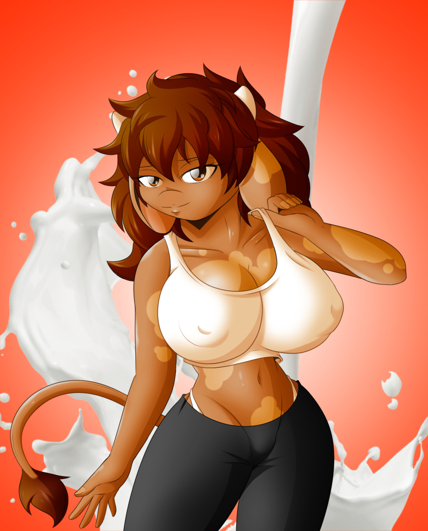 animal_strife big_breasts bovid bovine breasts brown_eyes brown_fur brown_hair cattle fire_conejo fur hair leggins little_horns mammal milk sleevless spots