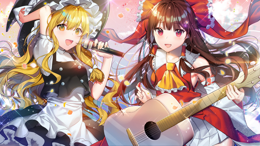 2girls :d absurdres acoustic_guitar apron arm_up ascot bangs bare_shoulders black_headwear black_skirt black_vest blonde_hair blush bow breasts brown_hair commentary_request cowboy_shot detached_sleeves eyebrows_visible_through_hair frilled_ascot frilled_bow frills guitar hair_between_eyes hair_bow hakurei_reimu hand_up hat hat_bow highres holding holding_instrument holding_microphone instrument kirisame_marisa long_hair long_sleeves looking_at_viewer medium_breasts meoneo microphone multiple_girls open_mouth petals pink_background plectrum red_bow red_eyes red_skirt ribbon-trimmed_sleeves ribbon_trim shirt sidelocks skirt skirt_set smile sparkle touhou vest waist_apron white_apron white_bow white_shirt wide_sleeves yellow_eyes yellow_neckwear
