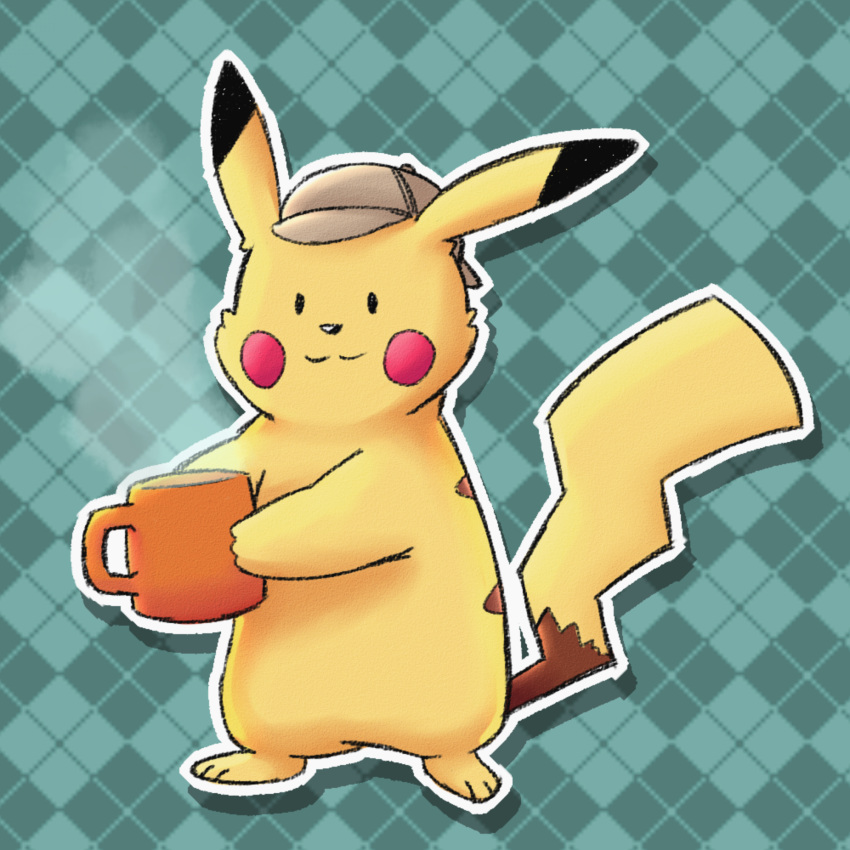 1:1 2019 3_toes argyle_(pattern) beverage black_nose clothing coffee deerstalker_hat detective_pikachu digital_drawing_(artwork) digital_media_(artwork) dipstick_ears fur green_background hat hat_only headgear headwear hi_res holding_cup holding_object huehuehuehuebuu looking_at_viewer mostly_nude multicolored_ears nintendo outline pattern_background pikachu pok&eacute;mon pok&eacute;mon_(species) red_cheeks simple_background smile solo standing steam toes video_games yellow_fur