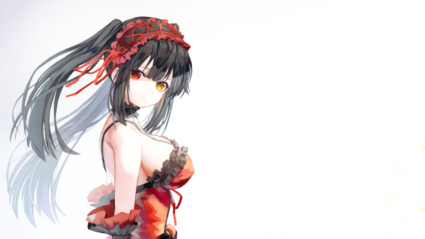 1girl asymmetrical_hair black_hair breasts clock_eyes date_a_live detached_sleeves dress floating_hair from_side hair_ribbon hairband heterochromia highres large_breasts lolita_hairband long_hair looking_at_viewer poharo red_dress red_eyes red_ribbon ribbon sideboob simple_background sleeveless sleeveless_dress smile solo symbol-shaped_pupils tokisaki_kurumi upper_body very_long_hair white_background yellow_eyes