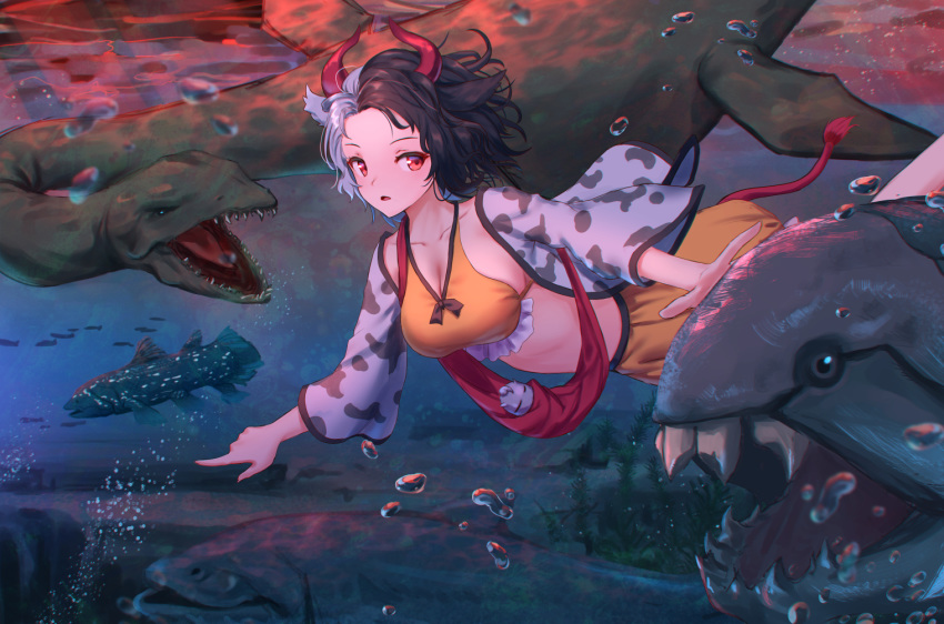 1girl air_bubble animal_ears animal_print black_hair breasts bubble coelacanth collarbone commentary_request cow_ears cow_horns cow_print cow_tail crop_top eel feet_out_of_frame fish forehead frills haori horns japanese_clothes large_breasts light_rays loch_ness_monster long_sleeves looking_at_viewer midriff multicolored_hair parted_lips pointing red_eyes roke_(taikodon) sharp_teeth short_hair silver_hair skirt solo sports_bra swimming tail teeth touhou two-tone_hair underwater ushizaki_urumi wide_sleeves yellow_skirt