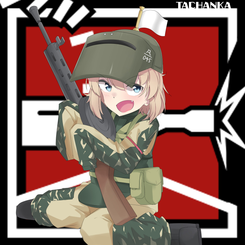 1girl absurdres aliasing antyobi0720 artist_name bangs belt black_footwear body_armor boots camouflage character_name commentary cosplay dp-28 english_commentary eyebrows_visible_through_hair fang flag girls_und_panzer green_belt green_jacket green_pants grey_headwear gun helmet highres holding holding_gun holding_weapon jacket katyusha long_sleeves looking_at_viewer open_mouth oversized_clothes pants pouch rainbow_six_siege short_hair sitting sleeves_past_fingers sleeves_past_wrists smirk solo tachanka_(rainbow_six_siege) tachanka_(rainbow_six_siege)_(cosplay) v-shaped_eyebrows wariza weapon weapon_request white_flag