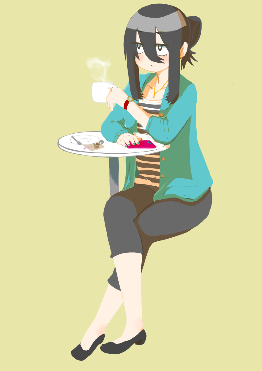 1girl absurdres black_hair cellphone cocoa_fuumi crossed_legs cup eyebrows_visible_through_hair hair_between_eyes highres jewelry jitome necklace office_lady original pants phone rinko-san_(cocoa_fuumi) shirt sidelocks sitting solo striped striped_shirt updo watch wristwatch