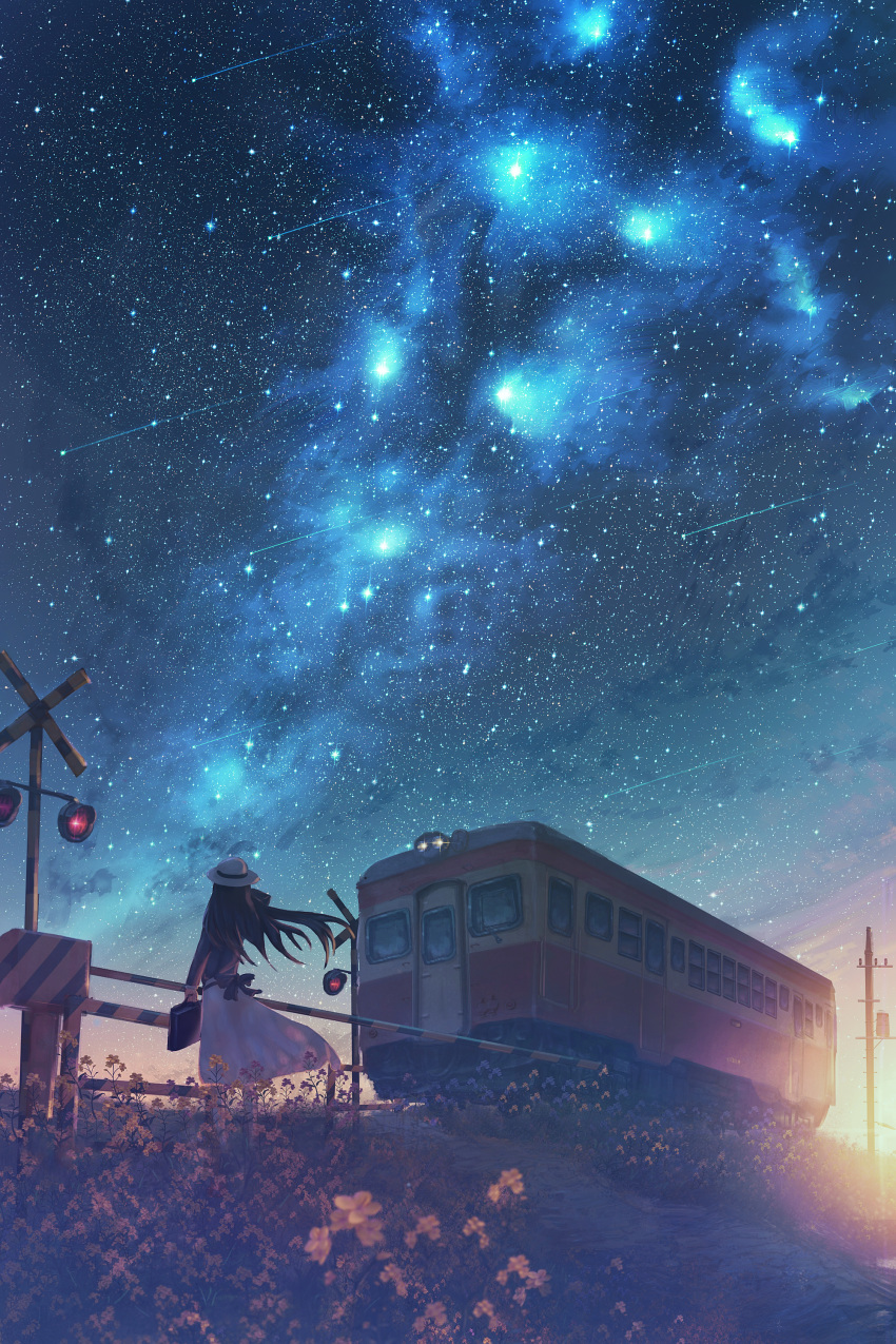 1girl absurdres bag bow commentary dark flower from_behind ground_vehicle handbag hat highres kenzo_093 long_hair night night_sky original path railroad_crossing road scenery shooting_star skirt sky solo star_(sky) starry_sky sunset telephone_pole train wind