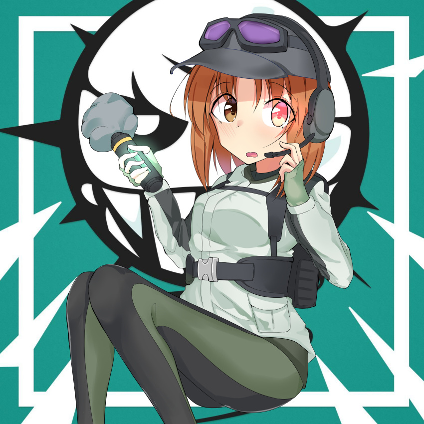 1girl absurdres adjusting_headset antyobi0720 bangs baseball_cap black_headwear blush brown_eyes brown_hair commentary cosplay ela_(rainbow_six_siege) ela_(rainbow_six_siege)_(cosplay) emblem eyebrows_visible_through_hair fingerless_gloves frown girls_und_panzer gloves glowing glowing_eye goggles goggles_on_headwear green_gloves green_pants harness hat headset highres holding invisible_chair jacket jpeg_artifacts long_sleeves looking_at_viewer nishizumi_miho open_mouth pants rainbow_six_siege short_hair sitting skin_tight smoke_grenade solo tactical_clothes white_jacket