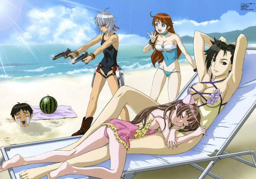 1boy 4girls amy_(bakuretsu_tenshi) animaga animal_ears aoki_tomoyuki aqua_bikini aqua_choker aqua_eyes armpits arms_up artist_name ass bakuretsu_tenshi bangs bare_arms bare_legs bare_shoulders barefoot beach bikini black_eyes black_hair blanket blindfold blue_sky boots breasts brown_hair casual_one-piece_swimsuit choker cleavage closed_eyes closed_mouth cloud cloudy_sky collaboration cowboy_boots crying day everyone feet flat_chest food frilled_swimsuit frills fruit furrowed_eyebrows gonzo_(studio) grey_hair gun handgun highres holster horiuchi_osamu horizon jo_(bakuretsu_tenshi) kai_keiko large_breasts legs long_bangs long_hair lowleg lowleg_bikini lying meg_(bakuretsu_tenshi) multiple_girls ocean official_art one-piece_swimsuit open_mouth orange_hair outdoors pink_swimsuit pistol scan scan_artifacts seductive_smile sei_(bakuretsu_tenshi) short_hair sky sleeping sleeping_on_person smile smoke smoking_gun standing strapless strapless_bikini streaming_tears suikawari swimsuit tachibana_kyohei tankini tears underboob very_short_hair watermelon waves weapon