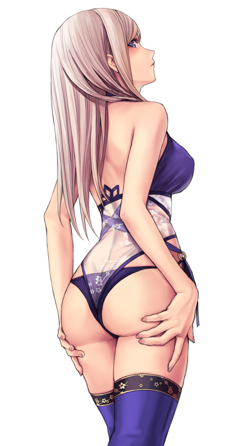 1girl applekun ass ass_grab back blue_eyes breasts cherry_blossom_print embroidered_legwear fate/grand_order fate_(series) floral_print from_behind grabbing_own_ass highres large_breasts long_hair miyamoto_musashi_(fate) miyamoto_musashi_(swimsuit_berserker)_(fate) o-ring o-ring_bikini pink_hair see-through solo swimsuit thighhighs