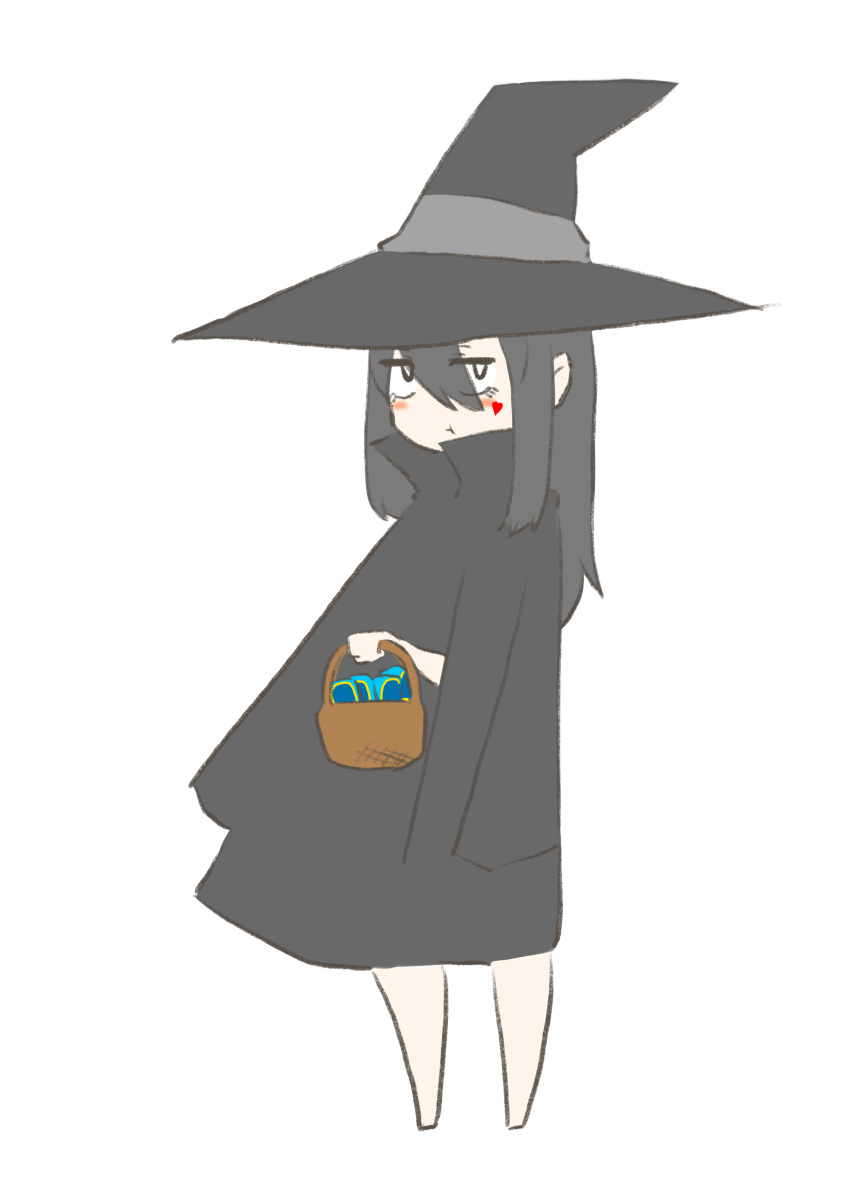 1girl :t absurdres barefoot basket black_hair blush cocoa_fuumi hair_between_eyes halloween hat highres long_hair looking_at_viewer original rinko-san_(cocoa_fuumi) sanpaku simple_background white_legwear witch witch_hat