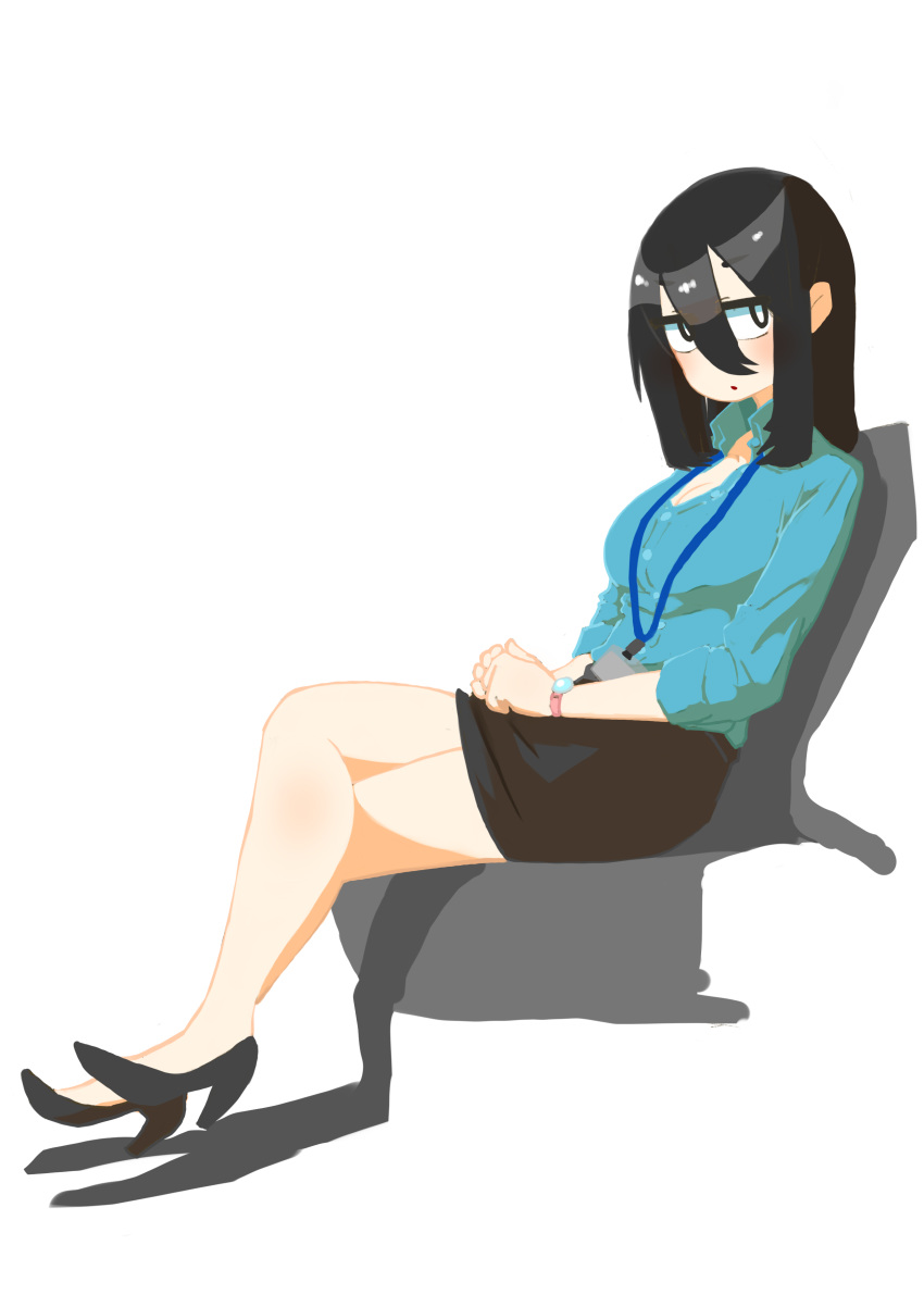 1girl absurdres black_hair black_skirt breasts cleavage cocoa_fuumi crossed_legs eyebrows_visible_through_hair hair_between_eyes high_heels highres jitome large_breasts looking_at_viewer miniskirt office_lady original pencil_skirt rinko-san_(cocoa_fuumi) sanpaku shirt simple_background sitting skirt solo white_background