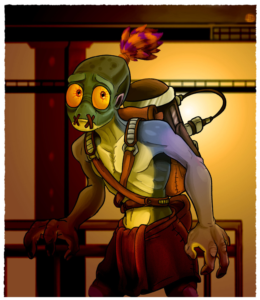 2019 4_fingers abe_(oddworld) alien backpack blue_body bottomwear building clothed clothing device digital_drawing_(artwork) digital_media_(artwork) eggmanfan91 feathered_hair hair humanoid inside male mudokon oddworld orange_eyes pointy_ears ponytail simple_background solo standing stitches topless video_games yellow_sclera