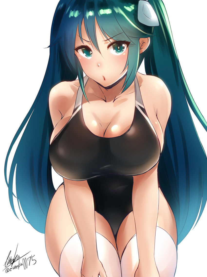 1girl absurdres alternate_costume aqua_eyes aqua_hair blue_hair blush breasts competition_swimsuit eureka_(eureka-0075) eyebrows_visible_through_hair gradient_hair hair_between_eyes hair_ribbon highres isuzu_(kantai_collection) kantai_collection large_breasts long_hair looking_at_viewer multicolored_hair one-piece_swimsuit open_mouth ribbon simple_background solo swimsuit thighhighs twintails white_background white_legwear