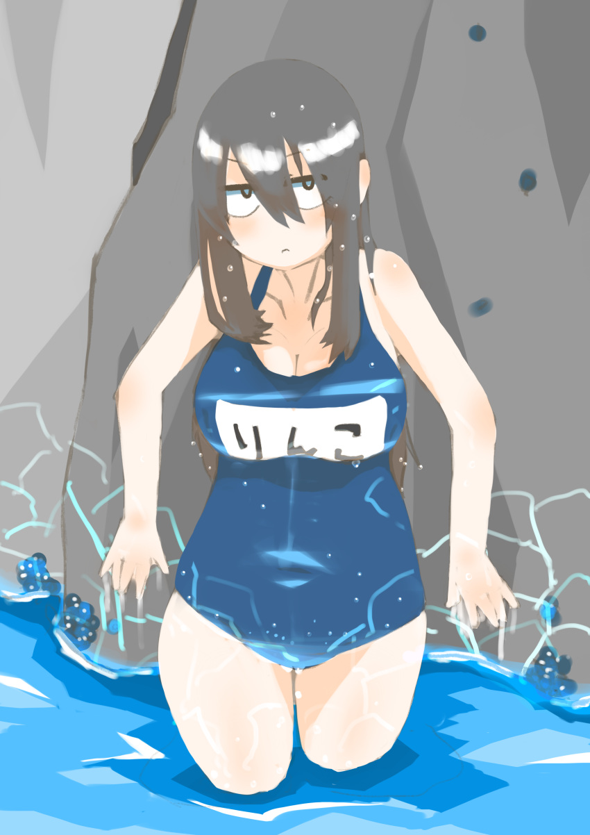 1girl absurdres black_hair blush breasts character_name cleavage cocoa_fuumi hair_between_eyes highres huge_breasts jitome looking_at_viewer original rinko-san_(cocoa_fuumi) rock sanpaku school_swimsuit solo summer swimsuit water