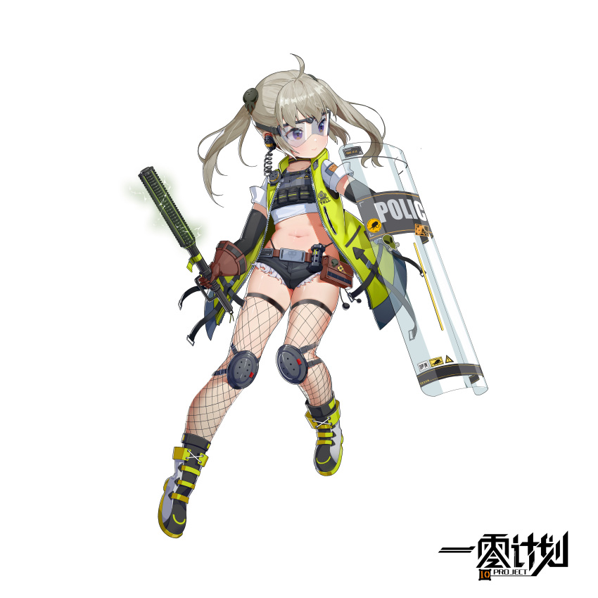 1girl absurdres baton belt brown_hair cameltoe choker copyright_request denim denim_shorts earpiece fishnets flashbang gloves goggles hair_ornament highres jacket knee_pads navel purple_eyes riot_shield shield short_twintails shorts simple_background solo twintails waterkuma white_background