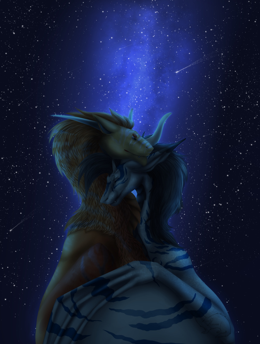 2019 brown_hair detailed_background digital_media_(artwork) dragon duo feral ferrety-lixciaa hair horn membranous_wings night outside sky smile star starry_sky wings wyvern