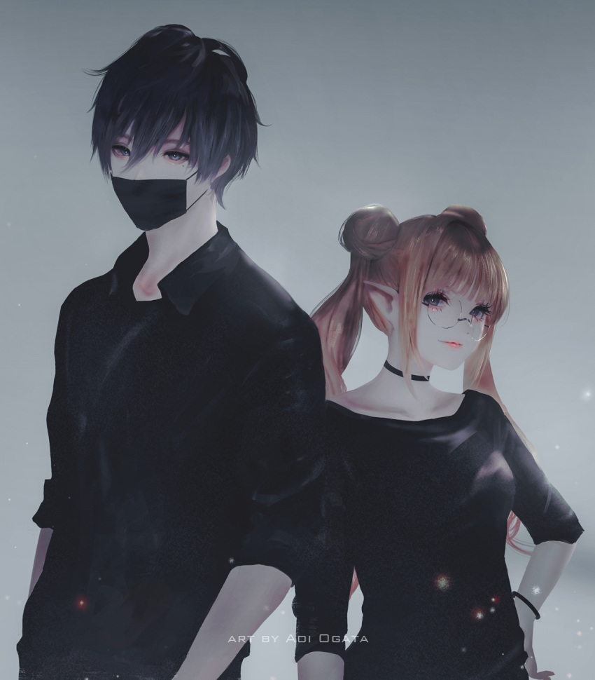 1boy 1girl aoi_ogata artist_name bangs black_choker black_eyes black_hair black_shirt brown_hair choker collarbone collared_shirt commentary commission double_bun english_commentary eyebrows_visible_through_hair face_mask grey_background hair_between_eyes hand_on_hip highres long_hair mask original pointy_ears shirt short_sleeves simple_background surgical_mask twintails upper_body