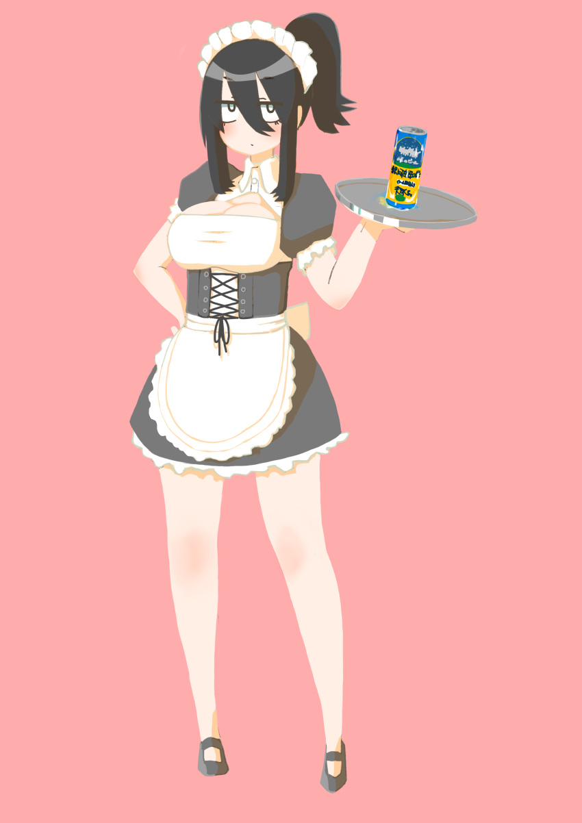 1girl absurdres apron black_hair breasts can cleavage cocoa_fuumi highres holding holding_tray huge_breasts jitome looking_at_viewer maid maid_apron maid_headdress original pink_background ponytail puffy_short_sleeves puffy_sleeves rinko-san_(cocoa_fuumi) short_sleeves sidelocks simple_background tray waist_apron