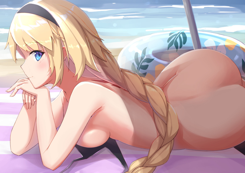 1girl ass beach bikini bikini_removed black_bikini blonde_hair blue_eyes blush breasts commentary_request fate/grand_order fate_(series) innertube jeanne_d'arc_(fate)_(all) jeanne_d'arc_(swimsuit_archer) kusubii long_hair looking_at_viewer looking_to_the_side lying nude ocean on_stomach sideboob smile solo swimsuit