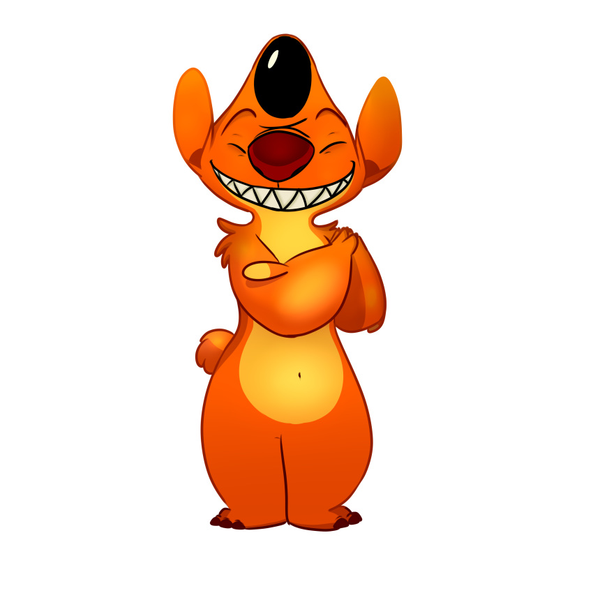 1:1 2019 absurd_res alien alpha_channel digital_drawing_(artwork) digital_media_(artwork) disney experiment_(species) eyes_closed full-length_portrait fur grin hands_together heat_(lilo_and_stitch) hi_res lilo_and_stitch looking_at_viewer navel orange_fur portrait red_nose sharp_teeth simple_background small_tail smile solo standing starryblast9 teeth transparent_background