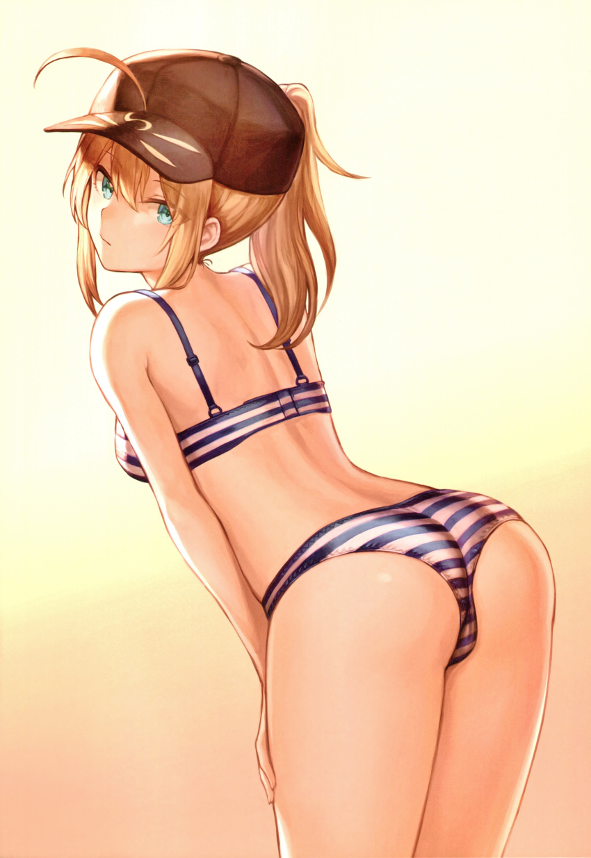 1girl absurdres artoria_pendragon_(all) ass bangs bare_shoulders baseball_cap blonde_hair bra eyebrows_visible_through_hair fate/grand_order fate_(series) gradient gradient_background green_eyes hat highres long_hair looking_at_viewer looking_back mashu_003 panties scan simple_background solo striped striped_bra striped_panties underwear underwear_only