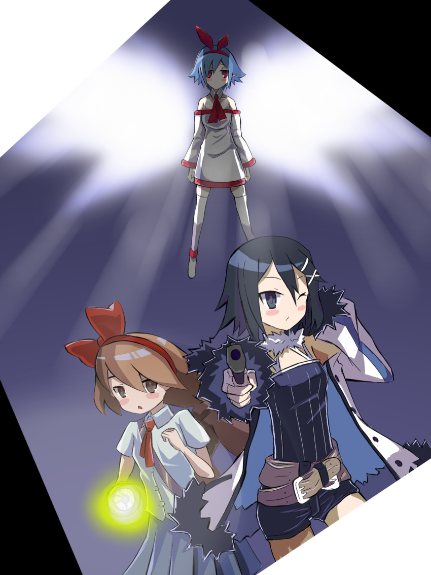 3girls :&lt; aiming_at_viewer asagiri_asagi bangs bare_shoulders belt black_eyes black_hair black_legwear black_shirt blush_stickers bow braid brown_hair closed_mouth collar commentary detached_sleeves disgaea dress dress_shirt expressionless flashlight fur_trim gun hair_between_eyes hair_bow hair_ornament hairband handgun highres jitome light light_rays long_hair looking_at_viewer makai_wars multiple_girls necktie nippon_ichi open_mouth pale_skin pistol pleinair ponytail red_eyes red_hairband red_neckwear ribbed_shirt shirt short_hair shorts thighhighs toorisugari_no_seiginomikata weapon white_coat white_dress white_footwear white_legwear white_shirt wings yomawari yui_(yomawari) zettai_ryouiki