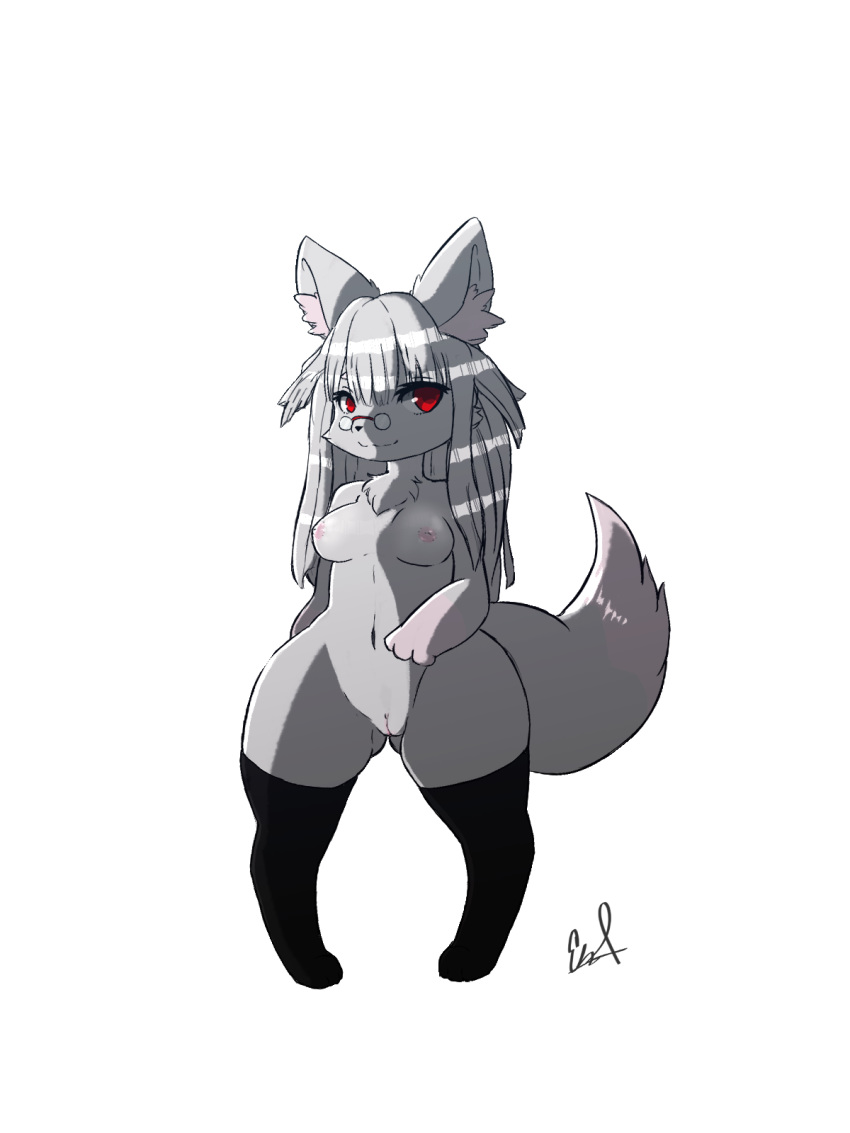 anthro arctic_fox blaketheflareon breasts canid canine clothing digital_media_(artwork) eyewear female fox fur glasses hair hi_res legwear looking_at_viewer mammal pussy red_eyes short_stack stockings white_fur white_hair