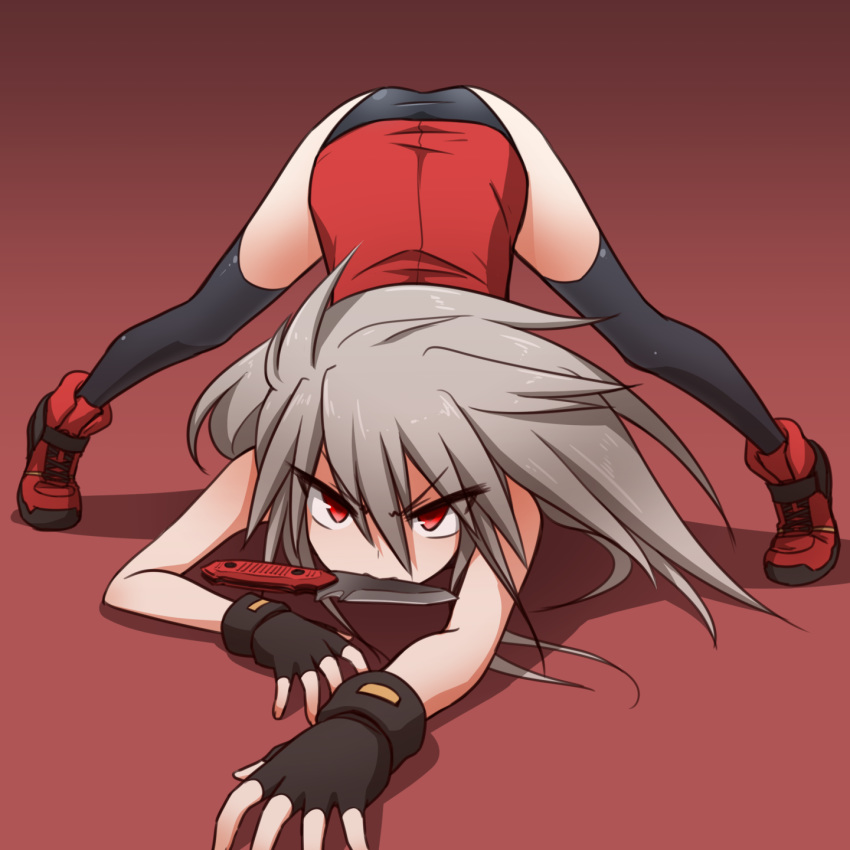 1girl black_legwear buruma commentary crawling elena_trafalgar fingerless_gloves gloves gradient gradient_background highres ikune_juugo knife looking_at_viewer mouth_hold original red_eyes shadow silver_hair simple_background solo thighhighs