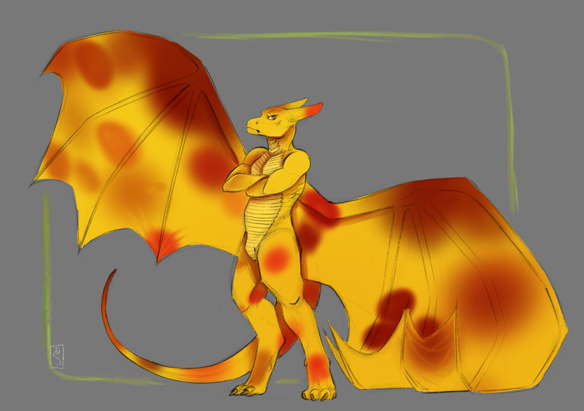 2019 4_toes anthro deviant-soulmates digital_media_(artwork) dragon hi_res horn male membranous_wings orange_eyes scalie simple_background solo standing toes western_dragon wings