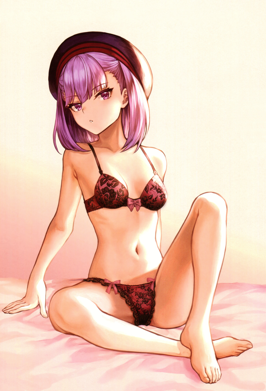 1girl absurdres arm_support bangs bare_arms bare_legs bare_shoulders barefoot bed bed_sheet beret bow bow_bra bow_panties bra breasts eyebrows_visible_through_hair fate/grand_order fate_(series) floral_print gradient gradient_background groin hat helena_blavatsky_(fate/grand_order) highres looking_at_viewer mashu_003 medium_hair navel on_bed panties parted_lips purple_bra purple_eyes purple_hair purple_panties ribbon rose_print scan simple_background sitting sitting_on_bed small_breasts solo stomach toenails toes underwear underwear_only