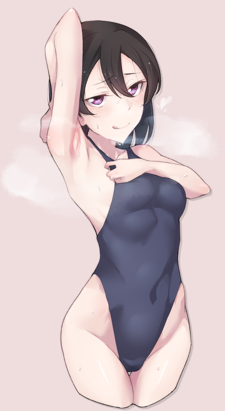 1girl absurdres arm_up armpits ass_visible_through_thighs black_hair black_swimsuit breath commentary_request competition_swimsuit cropped_legs grey_background highleg highleg_swimsuit highres looking_at_viewer love_live! love_live!_sunshine!! love_live!_sunshine!!_the_school_idol_movie_over_the_rainbow nasuno_(nasuno42) one-piece_swimsuit purple_eyes short_hair simple_background solo swimsuit watanabe_tsuki