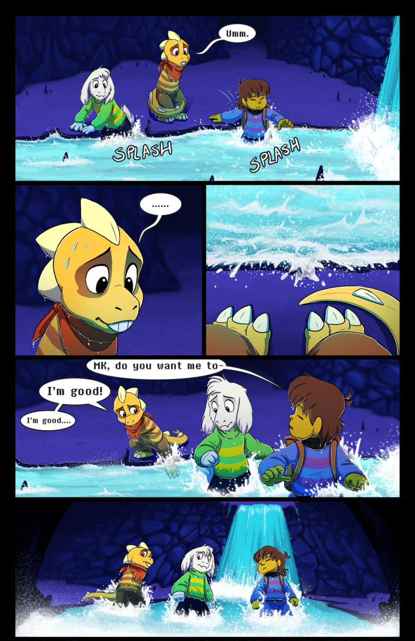 absolutedream asriel_dreemurr boss_monster bovid caprine child comic dialogue english_text hi_res human lizard mammal monster_kid protagonist_(undertale) reptile river scalie soaked stripes text undertale video_games water young