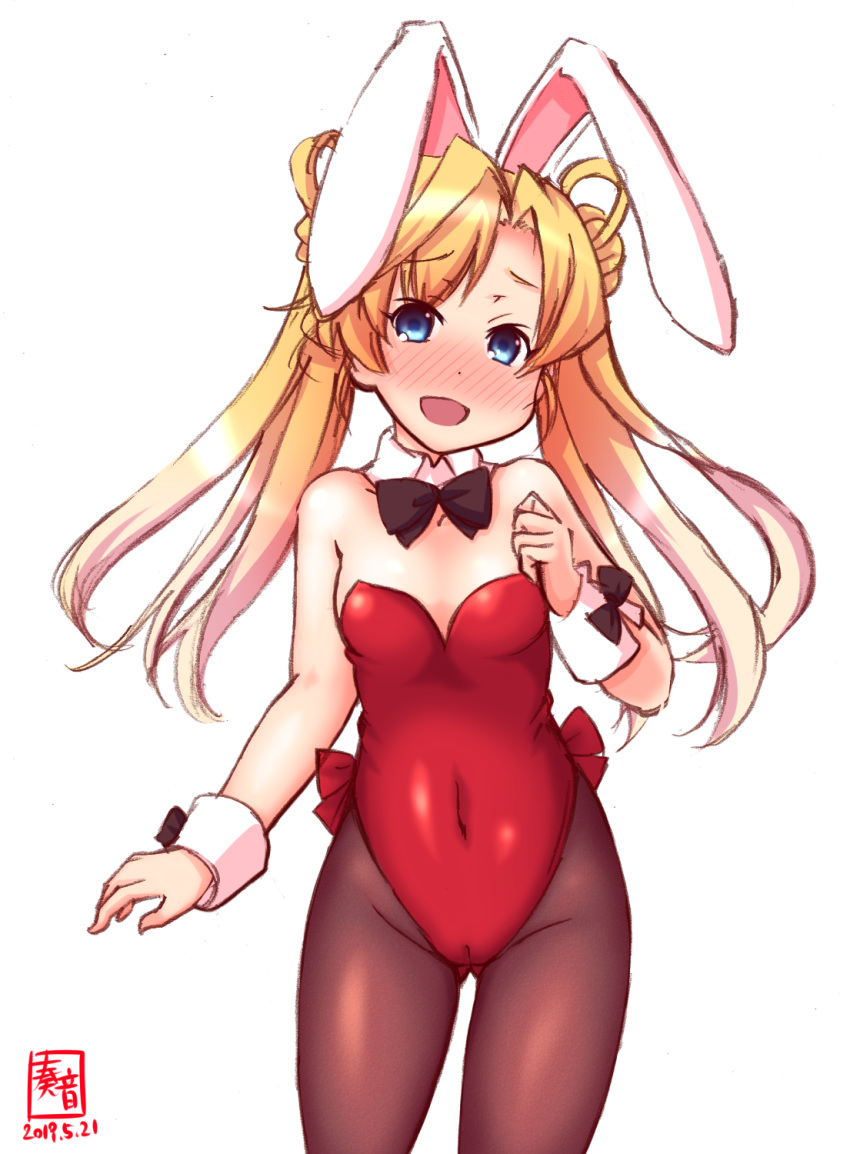1girl abukuma_(kantai_collection) alternate_costume animal_ears artist_logo bare_shoulders black_ribbon blonde_hair blue_eyes blush bow bowtie breasts brown_legwear bunny_ears bunnysuit cameltoe collarbone covered_navel cowboy_shot dated detached_collar double_bun fake_animal_ears hair_between_eyes hair_rings highres kanon_(kurogane_knights) kantai_collection leotard long_hair looking_at_viewer open_mouth pantyhose red_leotard ribbon signature simple_background small_breasts smile solo strapless strapless_leotard tail twintails white_background wrist_cuffs