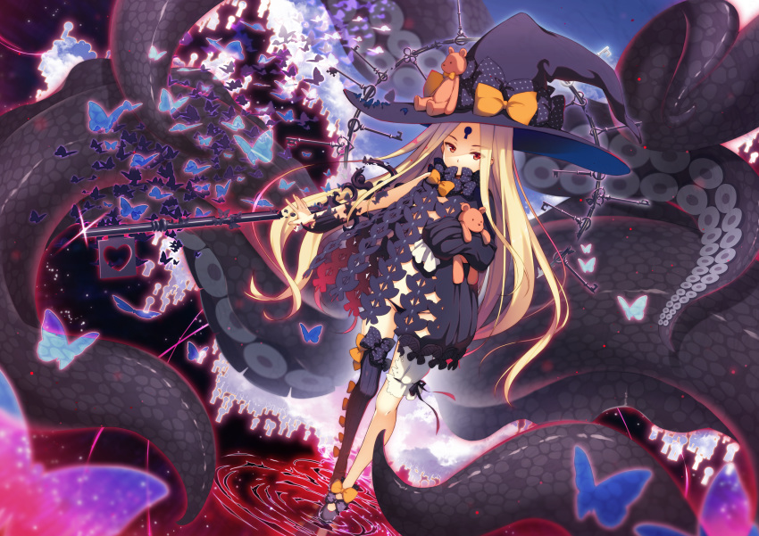 1girl abigail_williams_(fate/grand_order) bangs black_bow black_dress black_footwear black_headwear black_legwear black_panties bow commentary_request covered_mouth disintegration dress fate/grand_order fate_(series) groin hat hat_bow heart highres key keyhole long_hair long_sleeves looking_at_viewer object_hug orange_bow panties parted_bangs red_eyes revealing_clothes shoes single_thighhigh sleeves_past_fingers sleeves_past_wrists solo standing stuffed_animal stuffed_toy suction_cups teddy_bear tentacles thighhighs topless underwear very_long_hair witch_hat yuzu_modoki