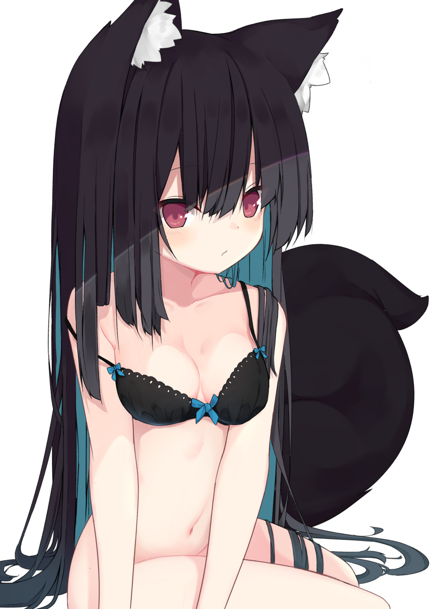 1girl absurdres animal_ear_fluff animal_ears arm_support bangs bare_shoulders black_bra black_hair blue_hair blush bottomless bow bow_bra bra breasts closed_mouth collarbone commentary_request eyebrows_visible_through_hair fox_ears fox_girl fox_tail groin hair_between_eyes highres mm2k multicolored_hair navel original red_eyes simple_background small_breasts solo strap_slip tail two-tone_hair underwear white_background