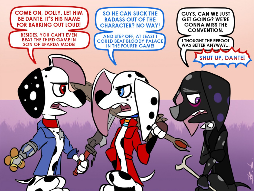 101_dalmatian_street 101_dalmatians 4:3 bassybird blue_eyes canid canine canis capcom collar cosplay dalmatian dante_(101_dalmatians) devil_may_cry disney dolly_(101_dalmatians) domestic_dog dylan_(101_dalmatians) female male mammal melee_weapon purple_eyes red_eyes sword video_games weapon