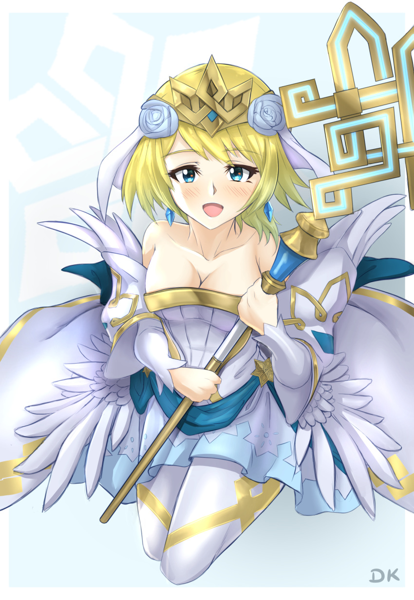 artist_name bangs bare_shoulders blonde_hair blue_eyes blush breasts bridal_veil bride cleavage collarbone commentary_request deekei dress earrings eyebrows_visible_through_hair feather_trim fire_emblem fire_emblem_heroes fjorm_(fire_emblem_heroes) gradient gradient_background highres holding jewelry medium_breasts open_mouth short_hair signature simple_background smile staff strapless strapless_dress tiara veil wedding_dress white_dress