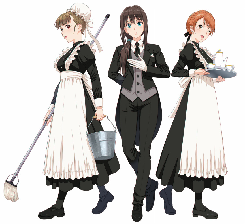 3girls ;d apron bangs black_dress black_footwear black_jacket black_legwear black_neckwear black_pants black_ribbon blue_eyes blush braid brown_eyes brown_hair bucket butler cup dress earrings eyebrows_visible_through_hair formal frilled_apron frills full_body gloves grey_vest hair_between_eyes hair_ribbon highres holding holding_bucket holding_mop holding_tray houjou_karen idolmaster idolmaster_cinderella_girls jacket jewelry kamiya_nao long_hair long_sleeves looking_at_viewer low_ponytail maid mop multiple_girls necktie nigou one_eye_closed open_mouth orange_hair pants pantyhose ponytail puffy_sleeves red_eyes ribbon shibuya_rin simple_background single_braid smile standing suit teacup teapot tray upper_teeth vest white_apron white_background white_gloves