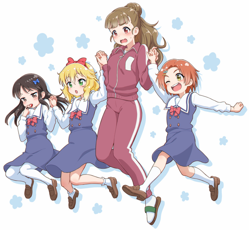 4girls ;d bangs blonde_hair blush bobby_socks bow bowtie brown_eyes brown_footwear brown_hair cosplay dress eyebrows_visible_through_hair food fruit full_body hair_between_eyes hair_bow hair_ornament hairclip highres himesaka_noa himesaka_noa_(cosplay) holding_hands hoshino_hinata hoshino_hinata_(cosplay) hoshino_miyako_(wataten) hoshino_miyako_(wataten)_(cosplay) idolmaster idolmaster_cinderella_girls interlocked_fingers jacket kamiya_nao kneehighs loafers long_hair long_sleeves multiple_girls nigou one_eye_closed open_mouth orange_hair pantyhose red_bow red_neckwear ryuuzaki_kaoru sakurai_momoka school_uniform shirosaki_hana shirosaki_hana_(cosplay) shoes short_hair smile socks strawberry tachibana_arisu track_jacket track_suit upper_teeth watashi_ni_tenshi_ga_maiorita! white_legwear yellow_eyes